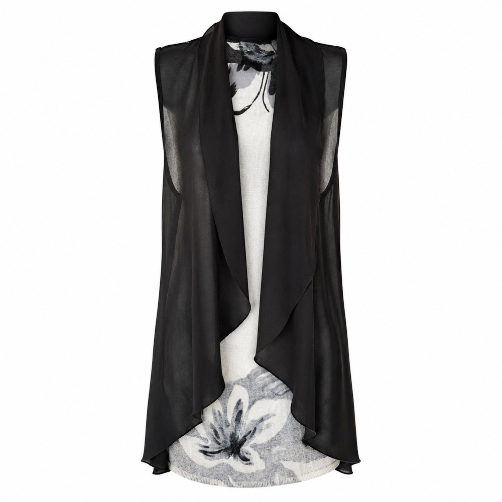 Frank Lyman Design Black White Floral Longline Vest Sleeveless Open Front 62101U